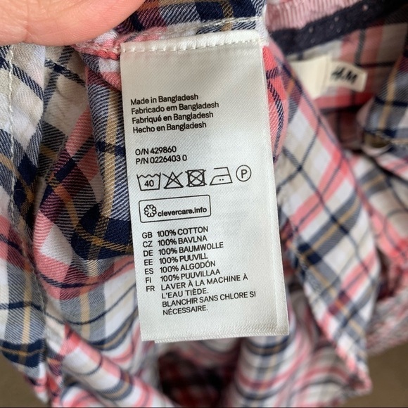 H&M Button Up Pop Over Flannel Navy & Pink Plaid Long Sleeves size 4 - Picture 8 of 9